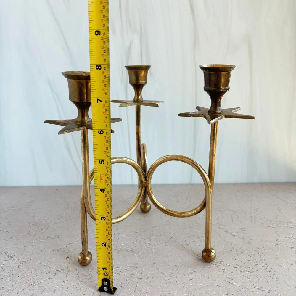 Vintage Brass Star Candelabra Pair Celestial 3-Light Taper Candle Holders Set 2